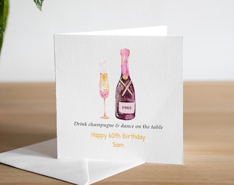 Personalised 60th Birthday Card - Sixtieth Birthday Card - Aged 60 - Champagne Bottle & Flute Glass - For Girls - For Her - ANY NAME/AGE