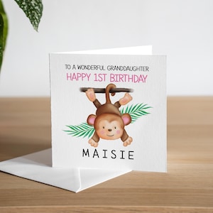 Gepersonaliseerde 1e verjaardagskaart aap eerste verjaardagskaart leeftijd 1 kinderen verjaardagskaart voor kinderen dierentuin dier verjaardagscadeau handgemaakt voor haar