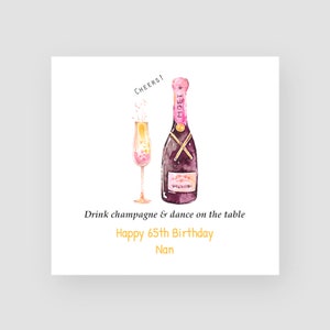 Gepersonaliseerde 65e verjaardagskaart - Vijfenzestigste verjaardagskaart - 65 jaar - champagnefles en fluitglas - voor meisjes - voor haar - ELKE NAAM/LEEFTIJD