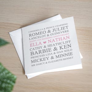 Biglietto personalizzato per il 4° anniversario - Biglietto per l'anniversario di matrimonio con fiori - Biglietto per il quarto anniversario - Regalo personalizzato per il 4° anniversario di matrimonio