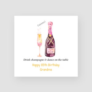 Biglietto personalizzato per 85° compleanno - Biglietto per ottantacinquesimo compleanno - 85 anni - Bottiglia di champagne e bicchiere di flute - Per lei - QUALSIASI NOME/ETÀ