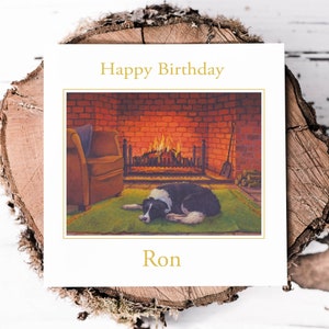 Carte d'anniversaire personnalisée Grand-père Carte d'anniversaire traditionnelle Papa Propriétaire de chien Cadeau d'anniversaire Mari Carte d'anniversaire classique Chien de fermier Feu de bois