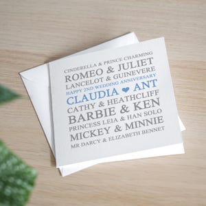 Carte personnalisée 2e anniversaire - carte d'anniversaire de mariage en coton - carte deuxième anniversaire - cadeau personnalisé 2e anniversaire de mariage