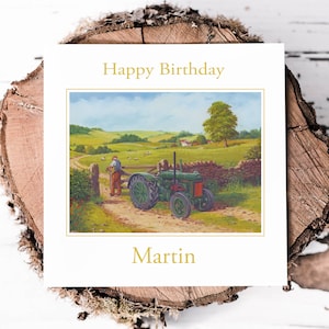 Cartão de aniversário personalizado para ele - Trator vintage - Campo pintado à mão - Aquarela - Cartão de aniversário do pai - Cartão de aniversário do avô