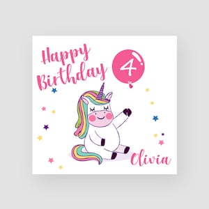 Biglietto di compleanno personalizzato per il 4° compleanno per lei - Biglietto di compleanno per bambini - Età 4 - Palloncino unicorno - Bambina - Biglietti di compleanno per bambini - QUALSIASI NOME/ETÀ