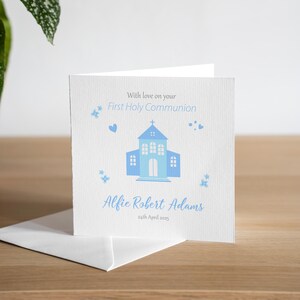 Carte de première communion personnalisée faite main - église bleue - pour lui - bébé garçon - nouveau-né - baptême - baptême - félicitations
