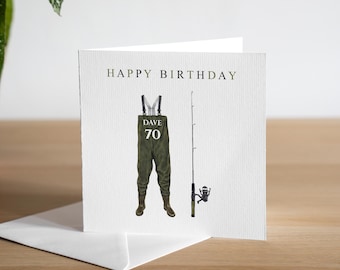 Tarjeta de cumpleaños número 70 personalizada para pescador. Tarjeta de cumpleaños número 70 para abuelo, regalo de cumpleaños para pescador. Tarjeta de cumpleaños hecha a mano para papá, entusiasta de la pesca.