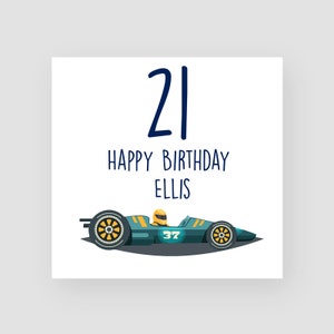 Carte personnalisée du 21e anniversaire - Carte du vingt et unième anniversaire - 21 ans - Voiture de course - Cartes d'anniversaire pour lui - Pour les hommes - N'IMPORTE QUEL NOM/ÂGE