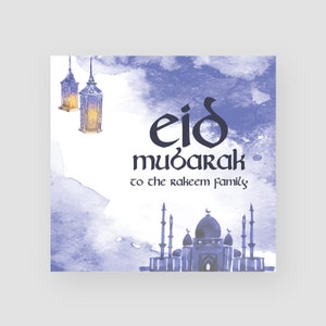 Cartão Eid Mubarak personalizado - Para Ele - Lanternas Azuis e Mesquita - Ramadã - Islâmico - Islã - Festival Muçulmano - Religioso