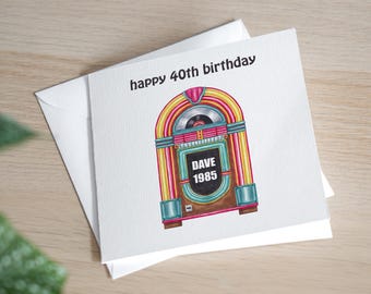 Tarjeta de cumpleaños personalizada para él (40º cumpleaños) - Tarjeta de cumpleaños personalizada con forma de máquina de discos - Tarjeta de cumpleaños retro para papá - Tarjeta de cumpleaños personalizada para marido