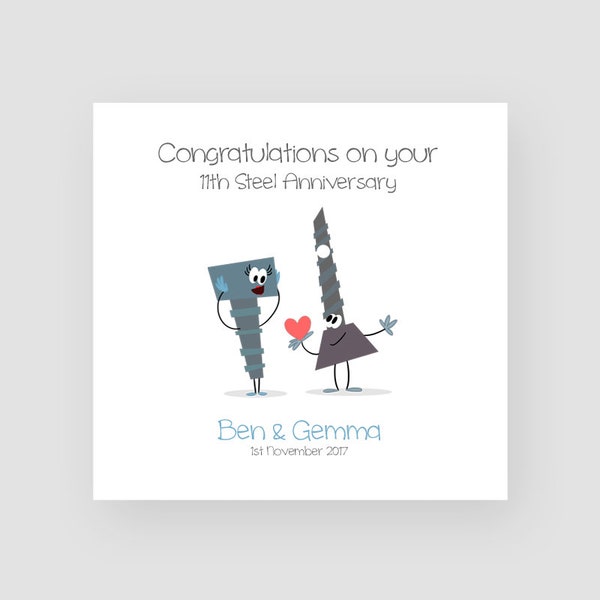 Personalised 11th Anniversary Card - Steel Anniversary Card - Funny Anniversary Card - Cartoon - For Husband/Wife - For Couple - For Him/Her