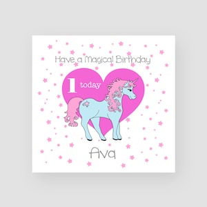 Cartão de 1º aniversário personalizado para ela - Cartão de primeiro aniversário - Idade 1 - Unicórnio mágico - Menina - Cartão de aniversário infantil - QUALQUER NOME/IDADE