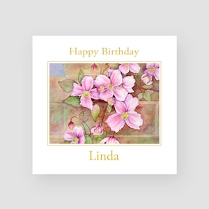 Cartão de aniversário personalizado com flor - Cartão de aniversário em aquarela - Cartão de aniversário da mãe - Cartão de aniversário da avó - Flor Clematis Montana