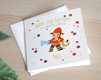 Tarjeta de cumpleaños personalizada para niño de 2 años, tarjeta de cumpleaños hecha a mano para nieto, regalo de cumpleaños para hijo de 2 años, regalo de bombero para niño pequeño