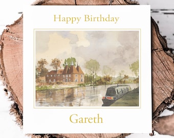 Personalised Canal Boat Birthday Card - Countryside Birthday Card - Dad Birthday Card - Husband Birthday Card - Narrowboat Birthday Card