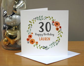 Personalised 30th Birthday Card - Thirtieth Birthday Card - Aged 30 - Orange & Red Floral Wreath - For Girls - For Her - ANY NAME/AGE