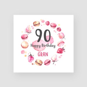Carte d’anniversaire personnalisée du 90e anniversaire - Carte d’anniversaire macaron - Carte d’anniversaire pour elle - Carte d’anniversaire gâteau - Carte d’anniversaire grand-mère - N’IMPORTE QUEL NOM/ÂGE