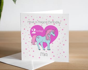 Personalised 2nd Birthday Card For Her - Second Birthday Card - Age 2 - Magical Unicorn - Little Girl - Kids Birthday Card - ANY NAME/AGE