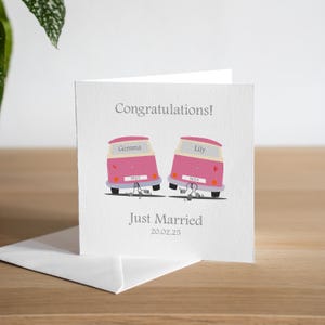 Biglietto di auguri personalizzato per il giorno delle nozze in camper Mrs & Mrs Just Married Card Regalo di nozze fatto a mano per proprietari di camper Coppia gay Giorno delle nozze LGBTQ