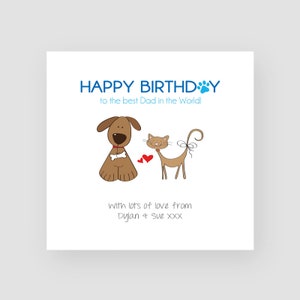 Cartão de aniversário personalizado - Animais de estimação - Para ele - Papai - Papai - Pai - Do cachorro - Do gato - Do cachorro e do gato - Desenho animado