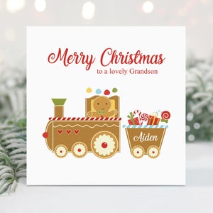 Cartolina di Natale personalizzata per ragazzino - Cartolina di Natale del nipote - Cartolina di Natale del figlio - Cartolina di Natale per il figlioccio - Treno di pan di zenzero