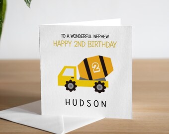 Personalised 2nd Birthday Card - Cement Mixer Birthday Card - Grandson Birthday Card - Age 2 Birthday - Happy 2nd Birthday - Godson - Nephew