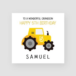 Carte personnalisée du 5e anniversaire - Carte du cinquième anniversaire pour fils - Carte du 5e anniversaire du petit-fils - Carte d’anniversaire du tracteur - Carte d’anniversaire Digger