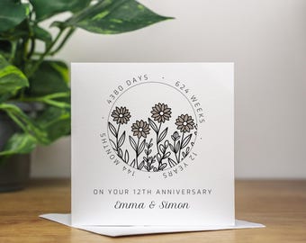 Personalisierte 12. Hochzeitstag Karte Mann Handgemachte Seide 12. Jahrestag Meilenstein Geschenk Zwölfter Jahrestag Karte Frau Seide