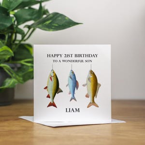Tarjeta de cumpleaños número 21 personalizada para nieto, tarjeta de cumpleaños número 21 para hijo, regalo de cumpleaños para pescador, tarjeta de cumpleaños de pescador personalizada hecha a mano para pescador