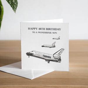 Cartão personalizado de aniversário de 18 anos, neto, cartão de aniversário de dezoito anos, filho, presente de aniversário de ônibus espacial, aniversário masculino, nave espacial, foguete