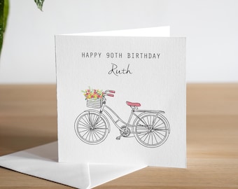 Personalised 90th Birthday Card Mum 90 Handmade Birthday Card For 90th Birthday Gifts Grandma Age 90 Flowers Birthday Card Vintage Bicycle