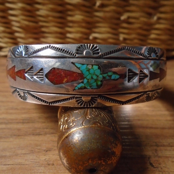 6.7" Vintage 1970s Navajo Thomas Tommy Singer Sterling Silver & Turquoise and Coral Gemstone Chip Inlay Native American Made Thunderbird