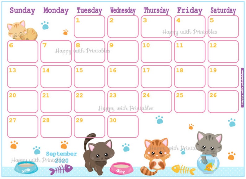 Calendar September 2020 Cats Planner Printable Cute | Etsy