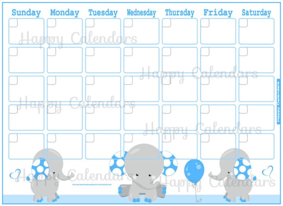 blank monthly calendar elephant theme blue baby shower etsy