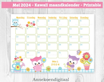Mei 2024 maandkalender printable, Nederlands kalender Uiltjes thema voor Mei 2024, printable kalender - KAWAII Bloemen kalender