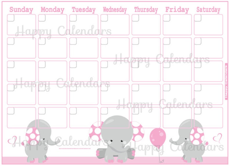 blank monthly calendar elephant theme pink baby shower etsy ireland