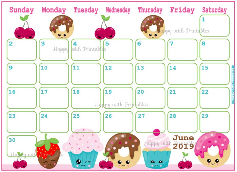 Calendar June 2019 Donuts Planner Printable Cute Planner ...