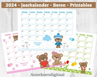 2024 jaarkalender printables, Nederlands 2024 jaarkalender Serie BEREN - Januari 2024 tot en met December 2024 - Beren kalender