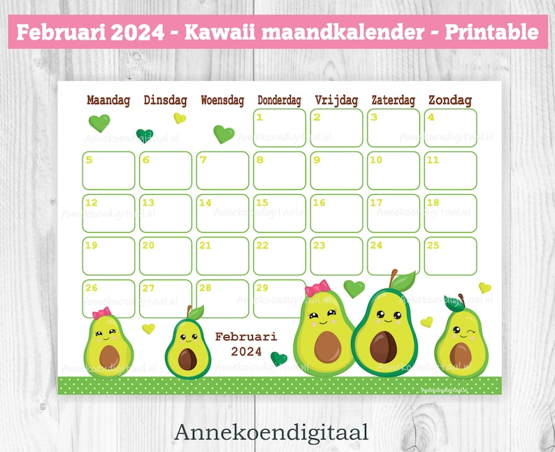 February 2024 Monthly Calendar Printable, Dutch Calendar Avocado Theme