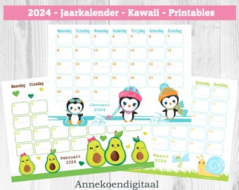 2024 jaarkalender printables, Nederlands 2024 jaarkalender Serie KAWAII - Januari 2024 tot en met December 2024 - KAWAII kalender