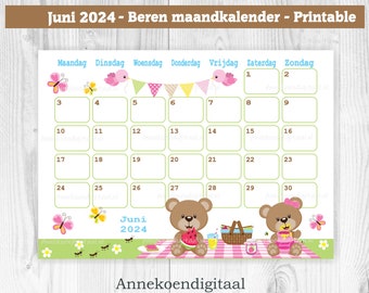 Juni 2024 maandkalender printable, Nederlands kalender in Beren thema Juni 2024, printable kalender - BEREN serie - vrolijke Beren kalender