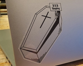 BRB Napping - coffin shaped sticker (transparent & holographic)