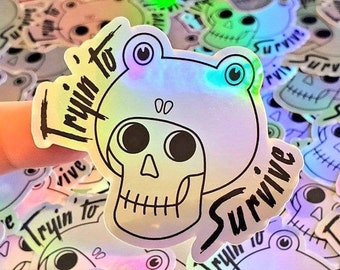 Trying to Survive - Frog Hat Skull Sticker (holographic)