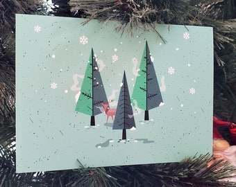 Frohe Feiertage / Weihnachtskarte - Hirsch unter den Bäumen