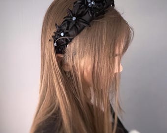 Fascia per capelli Edelweiss, nera, velluto e seta, fascia per capelli, fascia per capelli con fiori Edelweiss