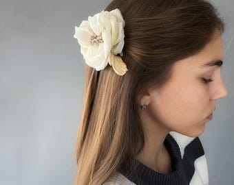 Fiore di seta, spilla e accessorio per capelli, avorio, crema, fiore dorato, fiore da corsage, fermaglio per capelli, fiore per capelli, fiore per capelli, gioielli da sposa, rosa