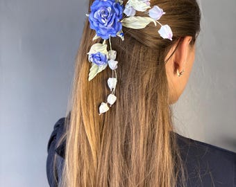 Accessori per capelli in velluto e seta, accessori per capelli da sposa, fiori da matrimonio, ramo di fiori, rose blu, vite floreale, fiori di seta, accessori per capelli da sposa
