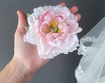 Fermaglio o spilla per capelli a forma di peonia, rosa antica, fenicottero, fiore di seta rosa pastello, fiore per capelli, bocciolo per capelli, accessorio per capelli, fiore da corsage