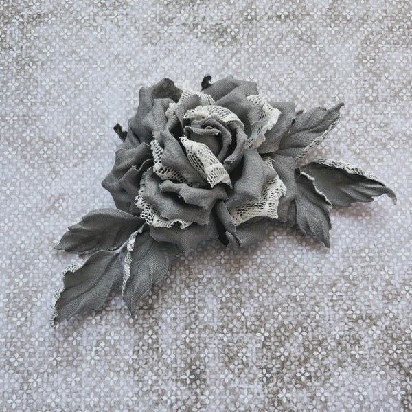 Rose made of linen fabric, brooch, pin Shabby Chic beige-gray, natural, vintage