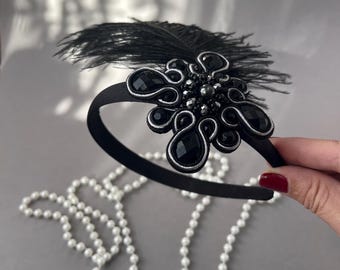 Fascinator in stile anni '20, nero e argento con piuma, accessorio per capelli, cerchietto, mini cappello Charleston